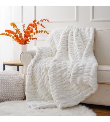 Beige Oversized Softest Warm Elegant Stretchy Cozy Faux Fur Home Throw Blanket 60