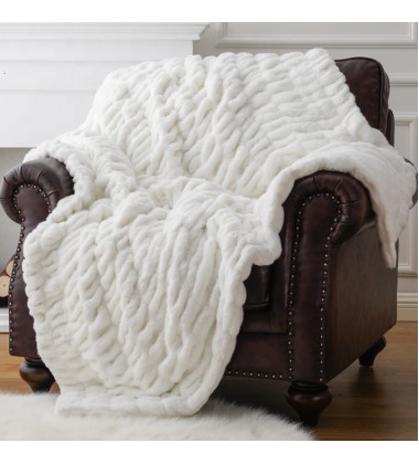 Ruched Luxurious Soft Faux Rabbit Fur Throw Blanket Fuzzy Throw Blanket for Couch Bed Sofa Luxury Ruched Warm Throws Blankets