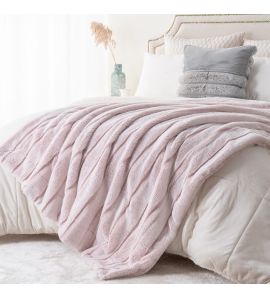 Luxury Pink Back Printed Cutting Channel Stripe Frosted Double Sides Cozy Soft Faux Fur Minky Throw Blankets for Couch Sofa Bed