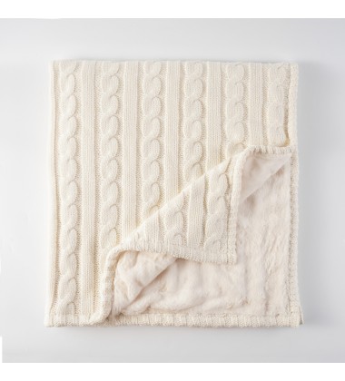 Cream White Super Soft Warm Luxury Cotton Cable Lined Knit Luxury Throw Blanket with Faux Fur Rabbit Minky Lining