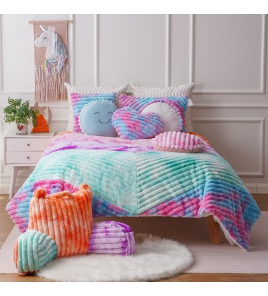 Popular Colorful Tie Dye Rainbow Printed Jacquard Stripe Double Layer Faux Fur Throw Blanket for Bedding Comforter Set