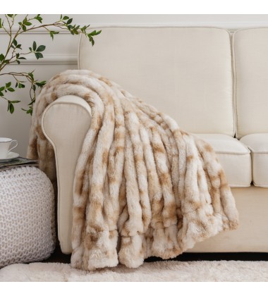 Camel Tie Dye Luxury Sculpted Faux Fur Throw Blanket Ruched Elegant Fur Blanket for Home Sofa Couch