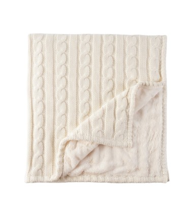 Cream White Super Soft Warm Luxury Cotton Cable Lined Knit Luxury Throw Blanket with Faux Fur Rabbit Minky Lining