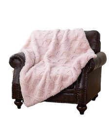 Super Soft No Shedding Short Fur Geometric Pattern Pink Faux Rabbit Fur Plush Blankets