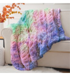 Super Soft Tie Dye Jacquard Stripe Faux Fur Minky Throw Blanket and Cushions