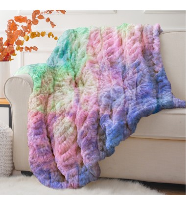 Super Soft Tie Dye Jacquard Stripe Faux Fur Minky Throw Blanket and Cushions