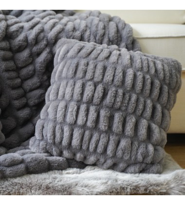 Gray Ruched Faux Fur Plush 3 Piece Throw Blanket Set Ultra Soft Fluffy with 2 Square Pillow Covers