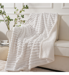 Luxury Warm Reversible Jacquard Striped Faux Fur Minky Sherpa Snow White Throw Blanket Super Soft Fuzzy Fleece Sofa Blanket