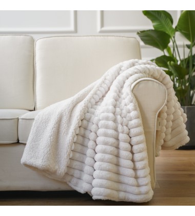 Luxury Warm Reversible Jacquard Striped Faux Fur Minky Sherpa Snow White Throw Blanket Super Soft Fuzzy Fleece Sofa Blanket