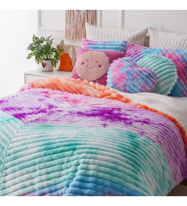 Popular Colorful Tie Dye Rainbow Printed Jacquard Stripe Double Layer Faux Fur Throw Blanket for Bedding Comforter Set