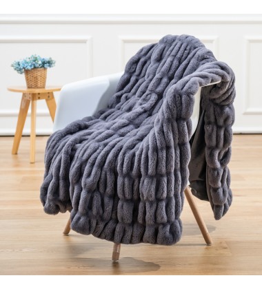 Luxury Soft Faux Mink Fur Throw Blanket Solid Blue Fuzzy Plush Elegant Reversible for Sofa Chair Couch Living Bedding