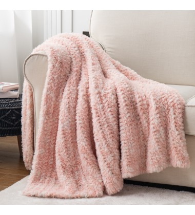 Luxury Cozy Fluffy High end Rosewater Pink Kitted Faux Fur Throw Blanket for Spring