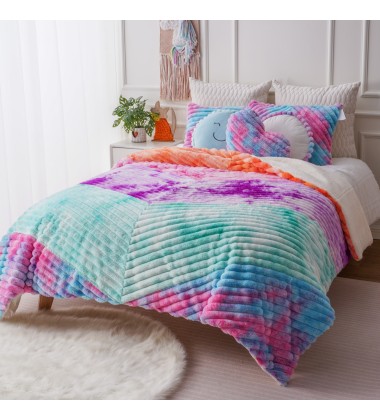 Popular Colorful Tie Dye Rainbow Printed Jacquard Stripe Double Layer Faux Fur Throw Blanket for Bedding Comforter Set