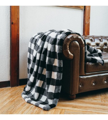 Warm Cozy Microfiber 50 x 60 Inches Printed White Black Buffalo Plaid Pattern Double Sides Faux Fur Checkered Throw Blanket