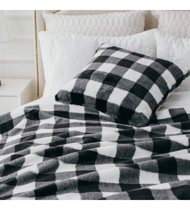 Warm Cozy Microfiber 50 x 60 Inches Printed White Black Buffalo Plaid Pattern Double Sides Faux Fur Checkered Throw Blanket