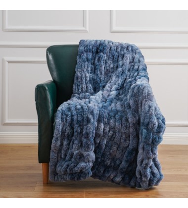 Nordic Style Fuzzy Cozy Warm Tie Dye Navy Blue Faux Fur Soft Wave Ruched Faux Fur Throw Blanket