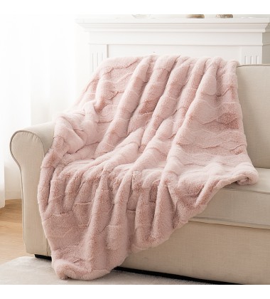 Super Soft No Shedding Short Fur Geometric Pattern Pink Faux Rabbit Fur Plush Blankets