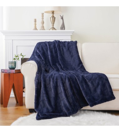 50 x 70 Inches Navy Blue Soft Throw Blanket Ultra Plush Jacquard Minky Faux Rabbit Fur Blanket