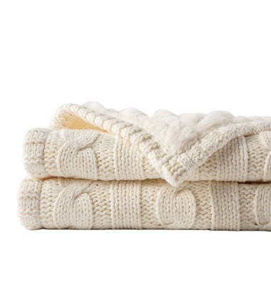 Cream White Super Soft Warm Luxury Cotton Cable Lined Knit Luxury Throw Blanket with Faux Fur Rabbit Minky Lining