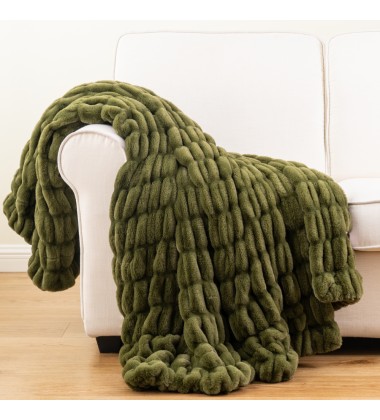 Sage Green Double Sides Ruched Stretchy Minky Blankets Luxury Super Soft Faux Fur Throw Blankets for sofa